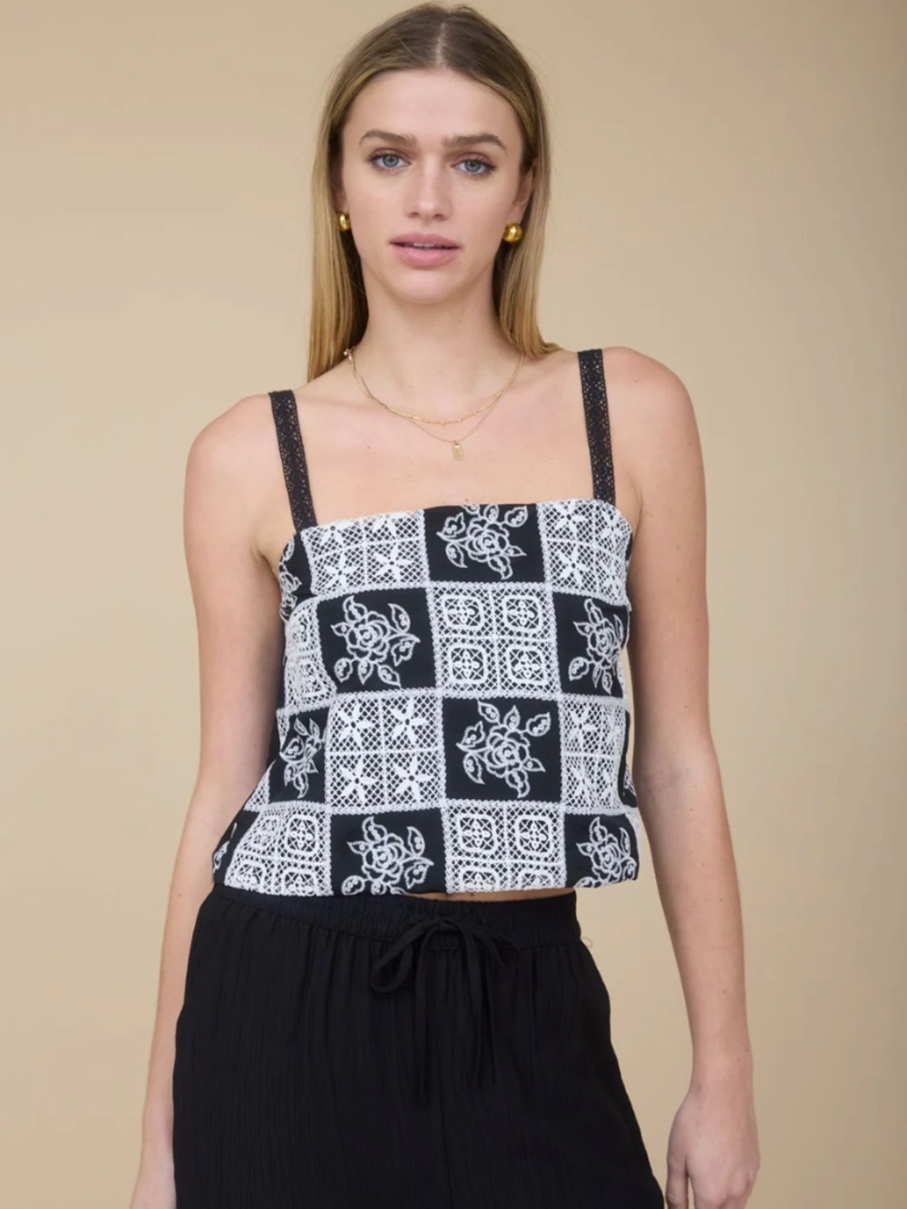 NEW The Workshop Floral Embroidered Checkered Lace Spaghetti Strap Top – Small